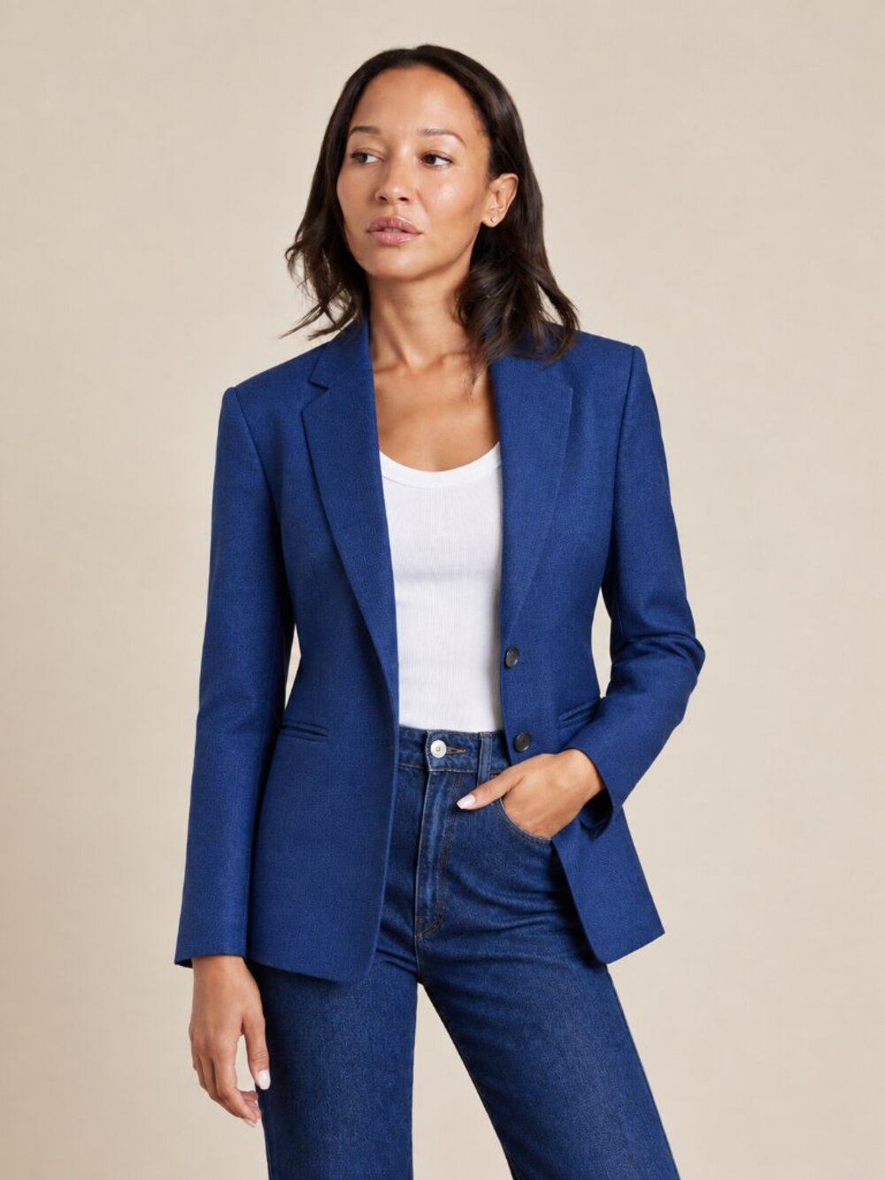 Sapphire Blue Two-Button Blazer Satin-Finish Suit Jacket with Besom Pockets